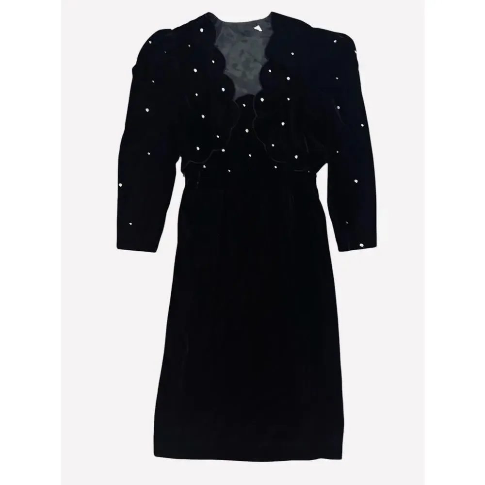 Vintage Black Velvet Mini Cami Dress & Jacket Scalloped Trim Rhinestones Size 12 - Picture 1 of 8